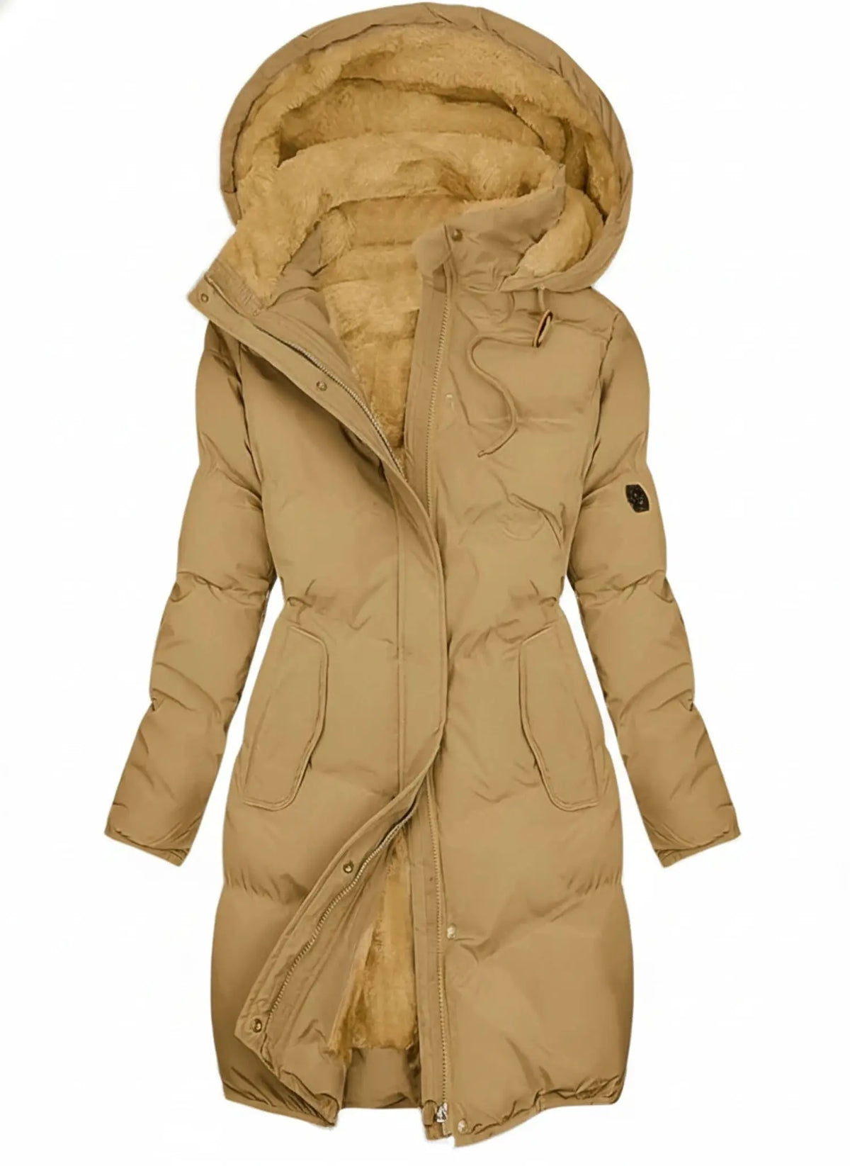 View of an elegant insulated winter puffer jacket in deep green, featuring a sleek design and a high collar