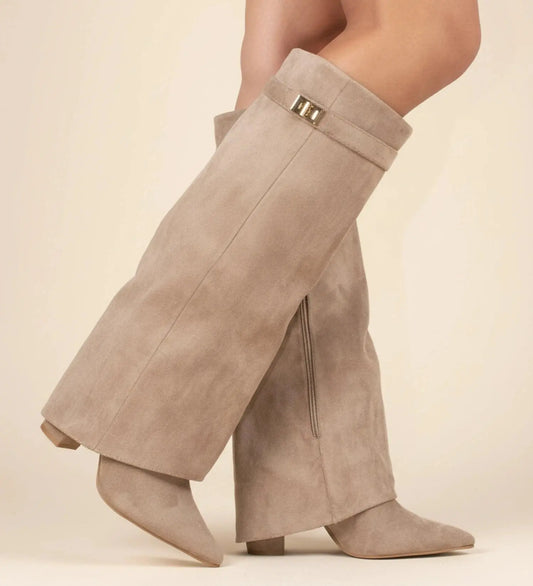 View of chic slouchy knee high boots in soft black suede with a relaxed fit and stylish fold over top