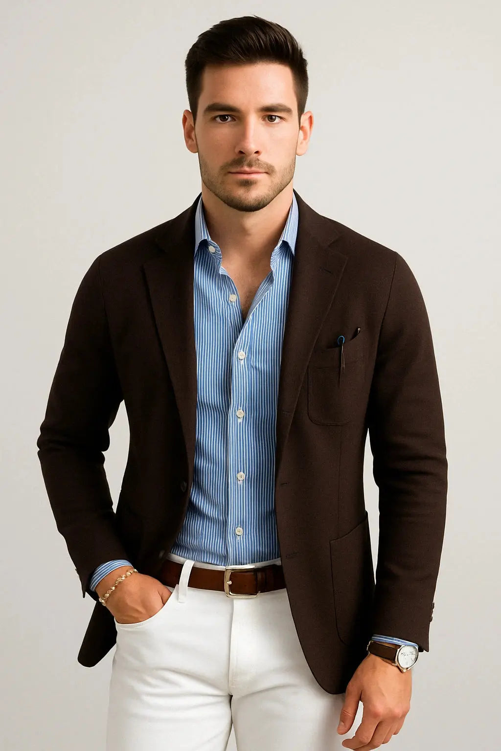 View of a polished relaxed blazer in dark gray, featuring a smooth fabric, notched lapels, and subtle stitching