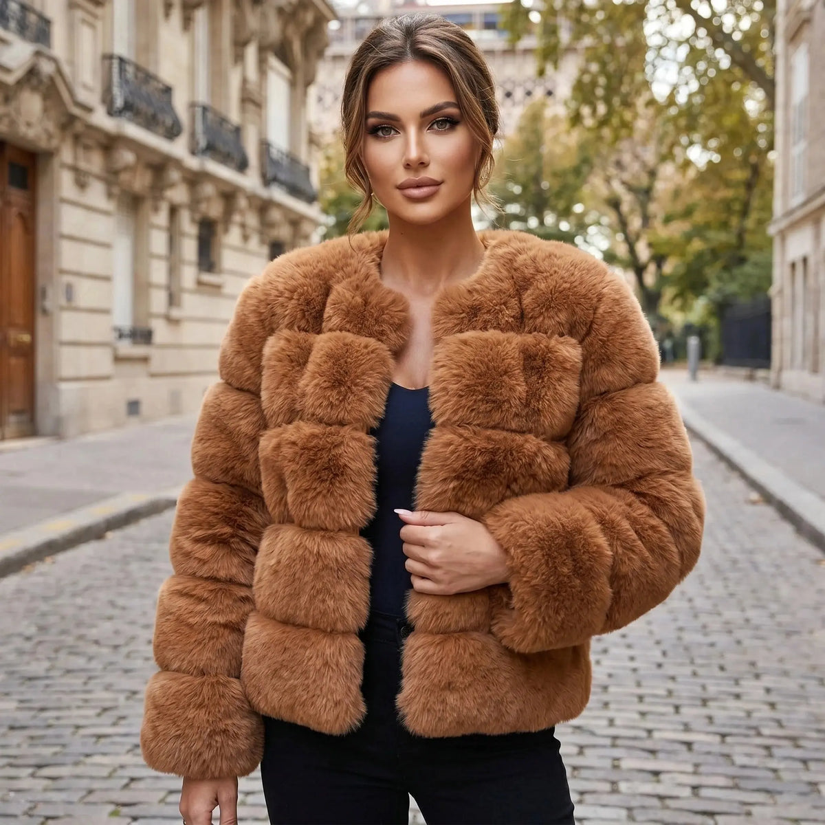View of a luxurious fluffy autumn coat in soft beige, featuring a cozy collar and textured fabric