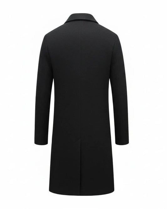 View of a classic formal overcoat in charcoal gray, featuring a tailored fit and smooth wool blend fabric