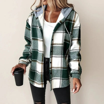 View of a relaxed plaid winter jacket in shades of red and black, featuring a cozy hood and a comfortable fit