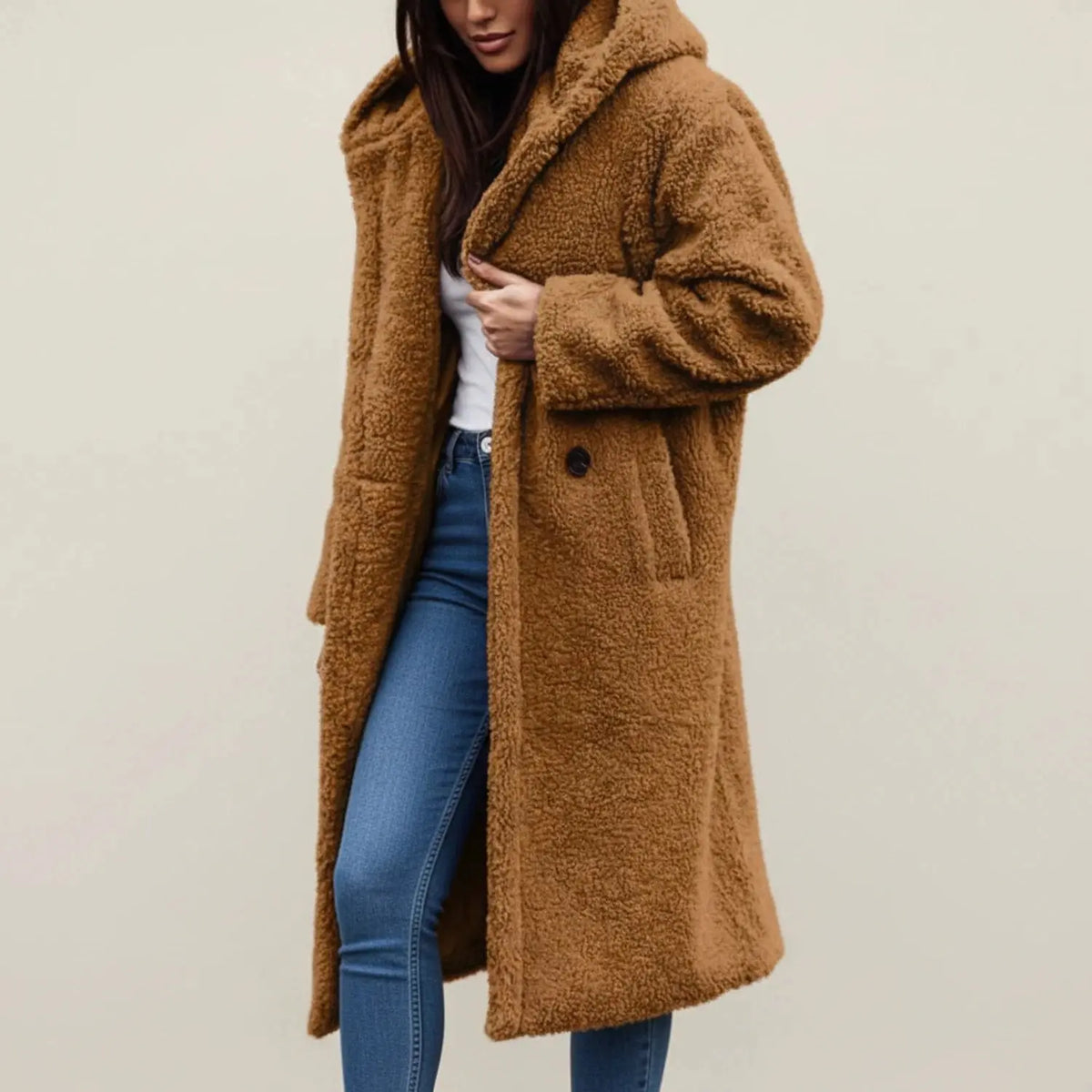 Cozy relaxed winter coat in soft gray fabric, featuring a view with a hood and pockets