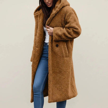 Cozy relaxed winter coat in soft gray fabric, featuring a view with a hood and pockets