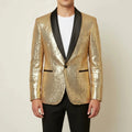 View of a dazzling slim evening blazer in deep navy blue, featuring a sleek silhouette and subtle sheen