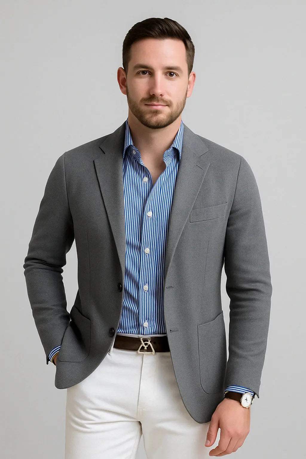 View of a polished relaxed blazer in dark gray, featuring a smooth fabric texture and tailored lapels
