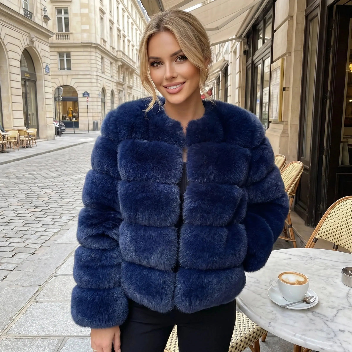 View of a luxurious fluffy autumn coat in soft beige, featuring a high collar and textured fabric