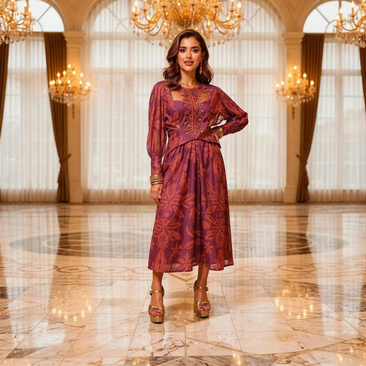 Woman wearing a violet A line maxi dress with floral patterns, standing in an elegant ballroom