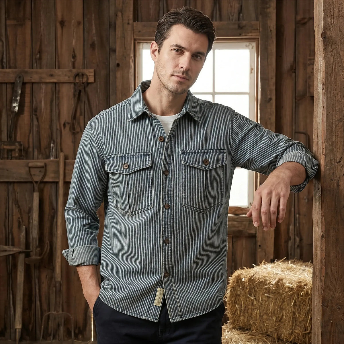 Close up of the Mens Timeless Striped Denim Shirt showing its textured fabric, precise stitching, and classic striped pattern against a neutral background.