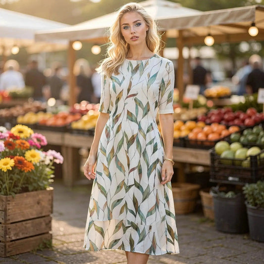 Woman wearing a leaf patterned white midi dress stands in a market with colorful produce