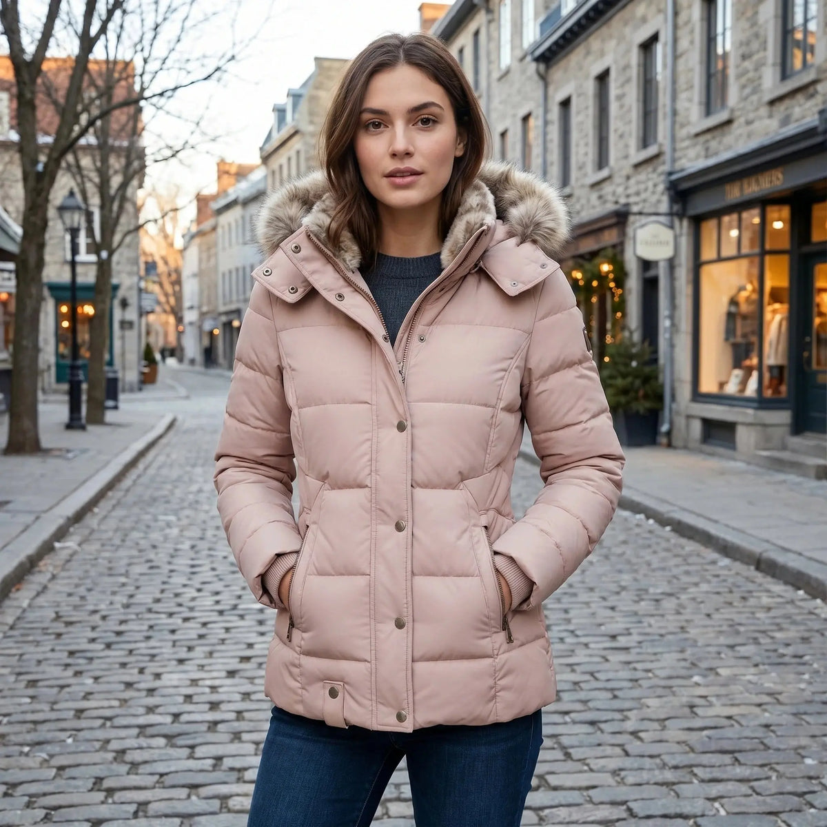 View of a fitted winter puffer jacket in deep green, featuring a high collar and zipper pockets