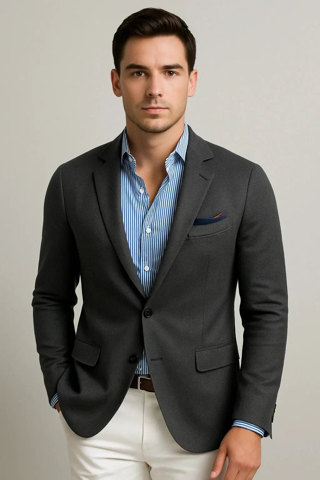 View of a polished relaxed blazer in dark gray, featuring a notched lapel and subtle sheen, showcasing the fabric texture