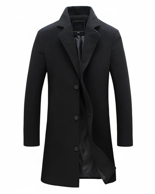 Classic formal overcoat in deep navy blue, featuring a tailored fit and sleek view with a button closure