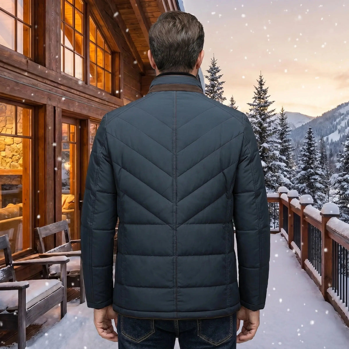 Close up view of the Mens Luxurious Winter Jacket showing its premium fabric, intricate stitching, and sleek design details, perfect for sophisticated winter office wear.