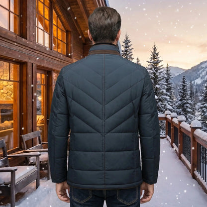 Close up view of the Mens Luxurious Winter Jacket showing its premium fabric, intricate stitching, and sleek design details, perfect for sophisticated winter office wear.