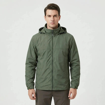 View of a sleek autumn jacket in deep green, featuring a smooth fabric, zippered , and pockets