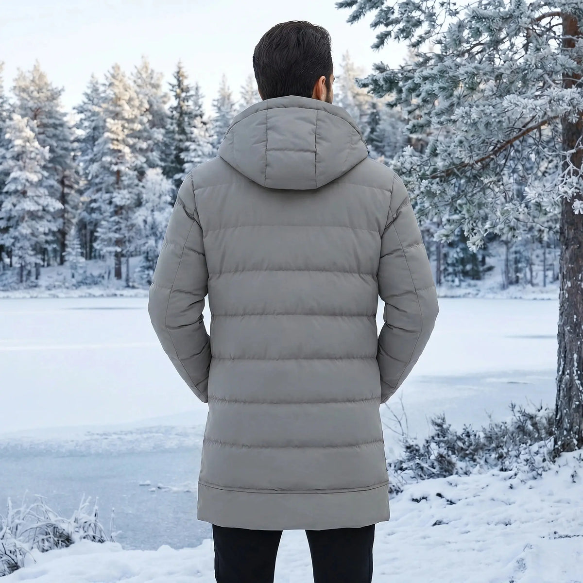 Close up view showing the intricate quilted fabric and precise stitching of the Men's Modern Longline Quilted Winter Jacket in a sleek black finish.