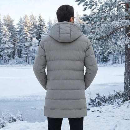 Close up view showing the intricate quilted fabric and precise stitching of the Men's Modern Longline Quilted Winter Jacket in a sleek black finish.