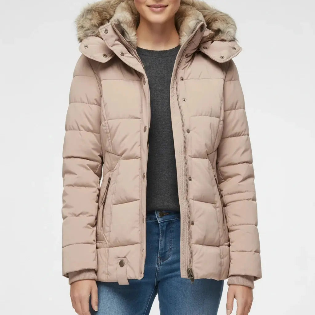 View of a fitted winter puffer jacket in deep burgundy, featuring a high collar and quilted texture