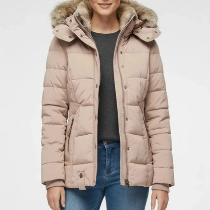 View of a fitted winter puffer jacket in deep burgundy, featuring a high collar and quilted texture