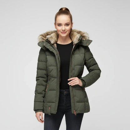 View of an elegant fitted winter puffer jacket in deep green, featuring a sleek silhouette and quilted texture