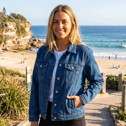 Light blue relaxed denim jacket in a view, featuring a classic collar and two pockets