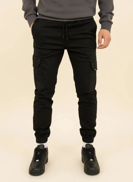 View of modern slim tapered cargo pants in olive green, made