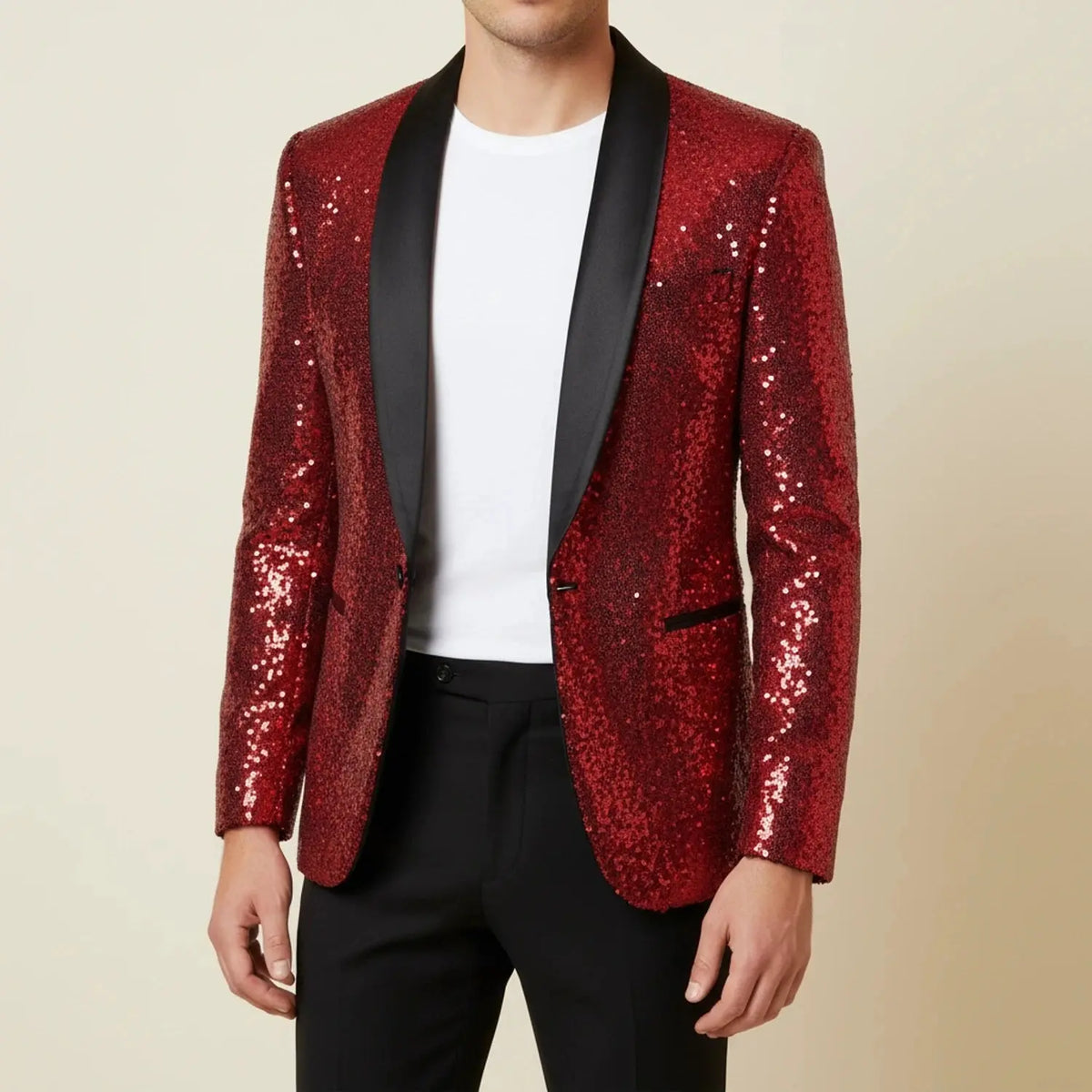 View of a dazzling slim evening blazer in deep navy blue, featuring a smooth satin finish and tailored fit