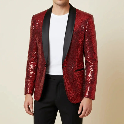 View of a dazzling slim evening blazer in deep navy blue, featuring a smooth satin finish and tailored fit
