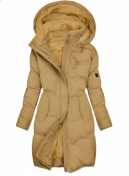 View of an elegant insulated winter puffer jacket in deep green, featuring a sleek design and a high collar
