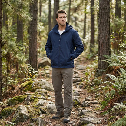 View of a sleek autumn jacket in deep green, featuring a zippered , stand collar, and pockets