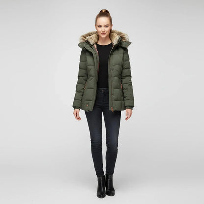 View of a fitted winter puffer jacket in deep green, featuring a high collar and quilted texture