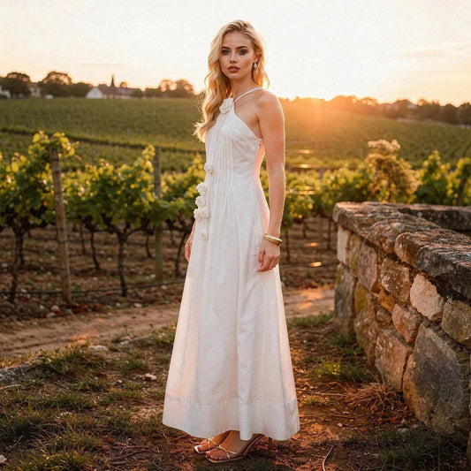 Woman wearing white halter maxi dress stands outdoors, sunset backdrop, with vineyard and stone wall visible