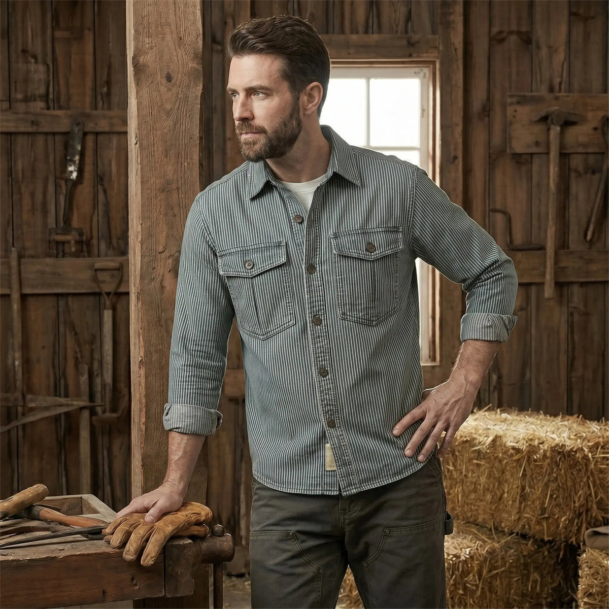 Close up view of the Mens Timeless Striped Denim Shirt showing the intricate stitching and textured fabric, showing its quality and casual elegance.