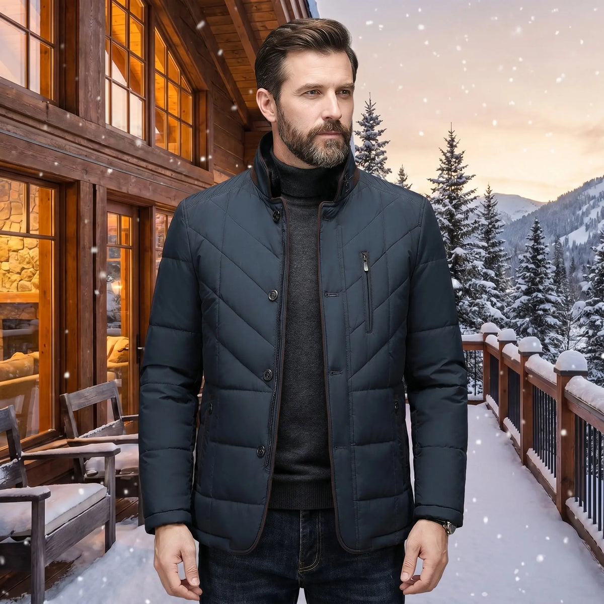 A model showcases a mens luxurious winter jacket in a rich navy color, paired with tailored trousers, set against a minimalist urban backdrop.