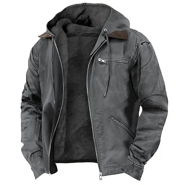 View of a modern outdoor jacket in dark green, featuring a zippered , adjustable cuffs, and a lightweight material