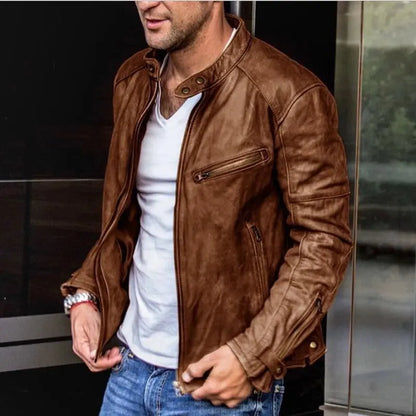 View of a durable autumn jacket in deep green, featuring a classic collar and multiple pockets