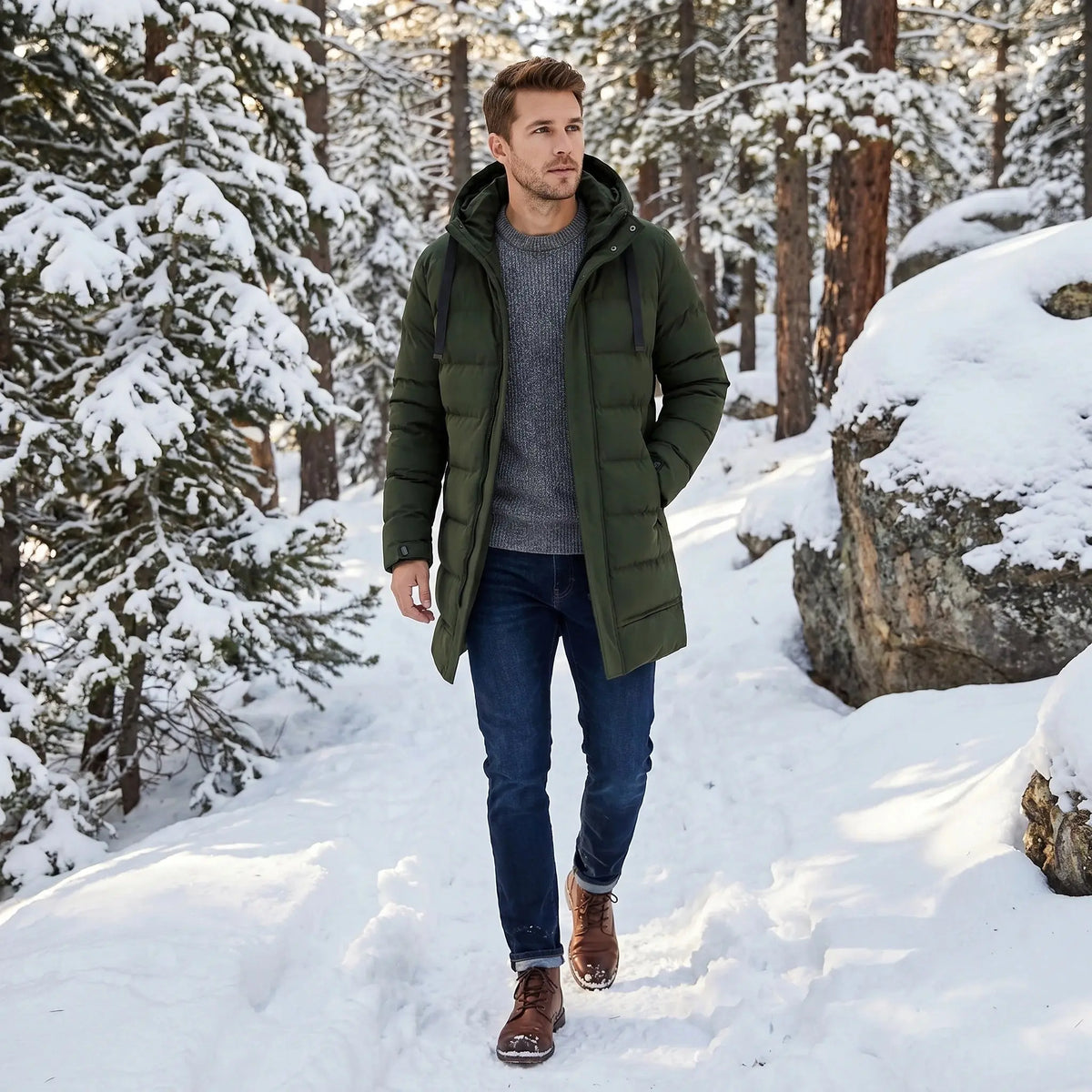 Back view of a men's modern longline quilted winter jacket in a sleek black finish, showing the stitching details and hood design against a neutral backdrop.