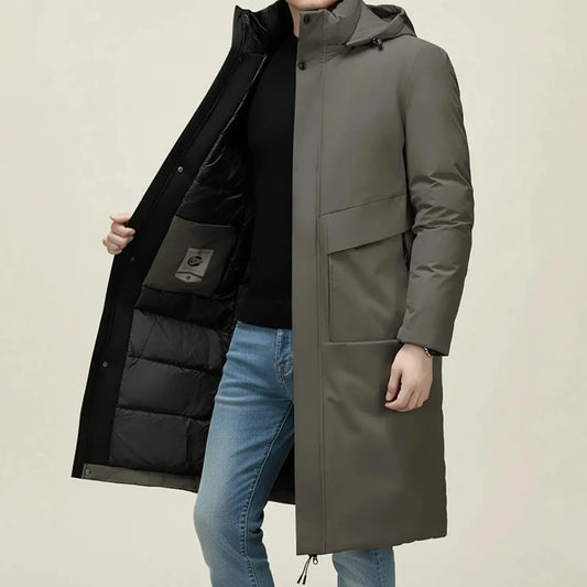 View of a modern insulated winter parka in dark green, featuring a hood and adjustable cuffs
