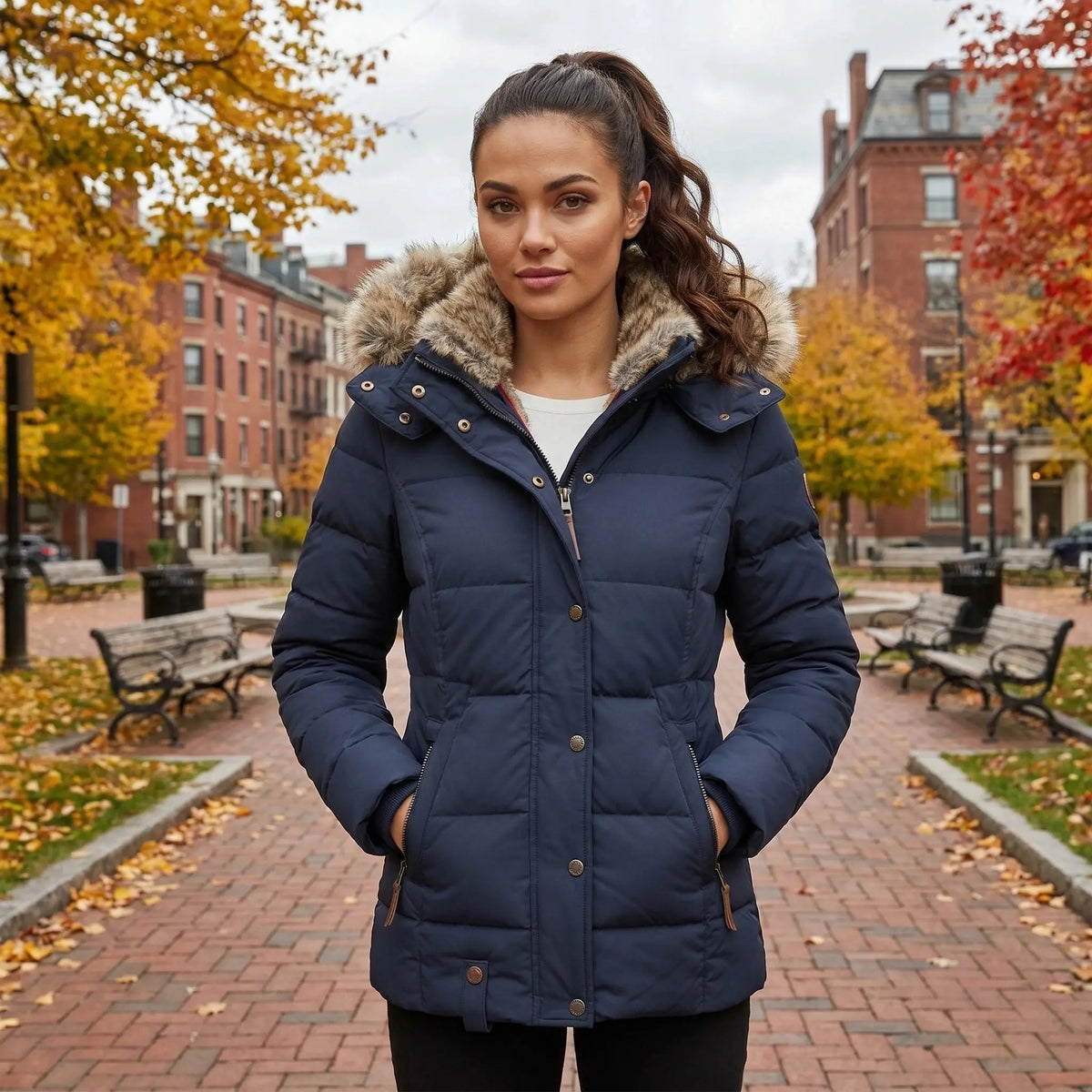 View of a fitted winter puffer jacket in deep green, featuring a high collar and quilted texture