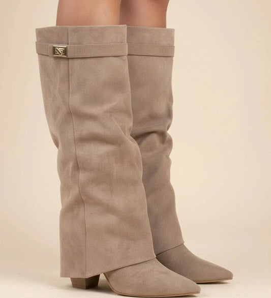 View of chic slouchy knee high boots in soft black suede with a relaxed fit and rounded toe