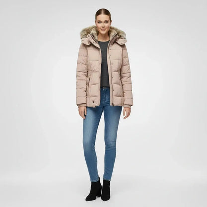 View of a fitted winter puffer jacket in deep burgundy, showcasing quilted texture and a high collar