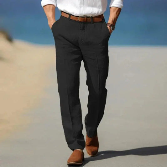 View of refined versatile dress pants in charcoal gray, featuring a smooth fabric and tailored fit