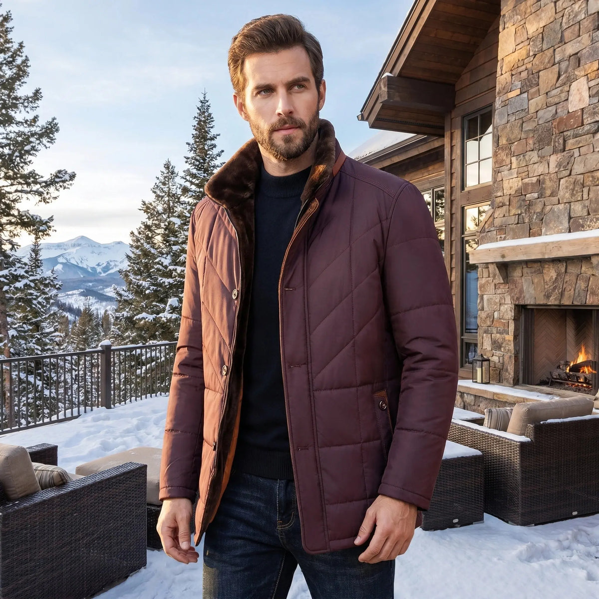Back view of a model showing the mens luxurious winter jacket in a rich navy color, showing its tailored construction and sophisticated design details.