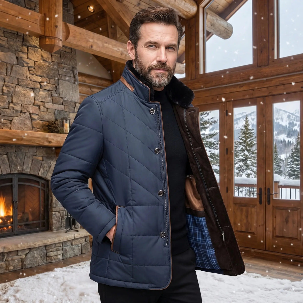 Close up view of the men's luxurious winter jacket showing intricate stitching and rich fabric texture, showing its sophisticated design for office wear.