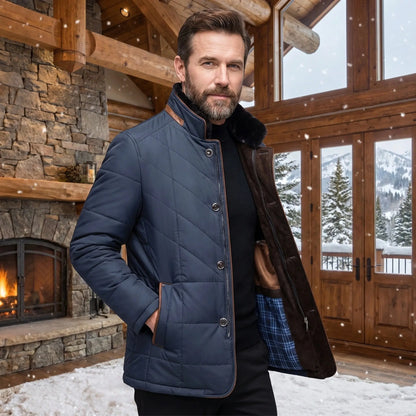 Close up view of the men's luxurious winter jacket showing intricate stitching and rich fabric texture, showing its sophisticated design for office wear.