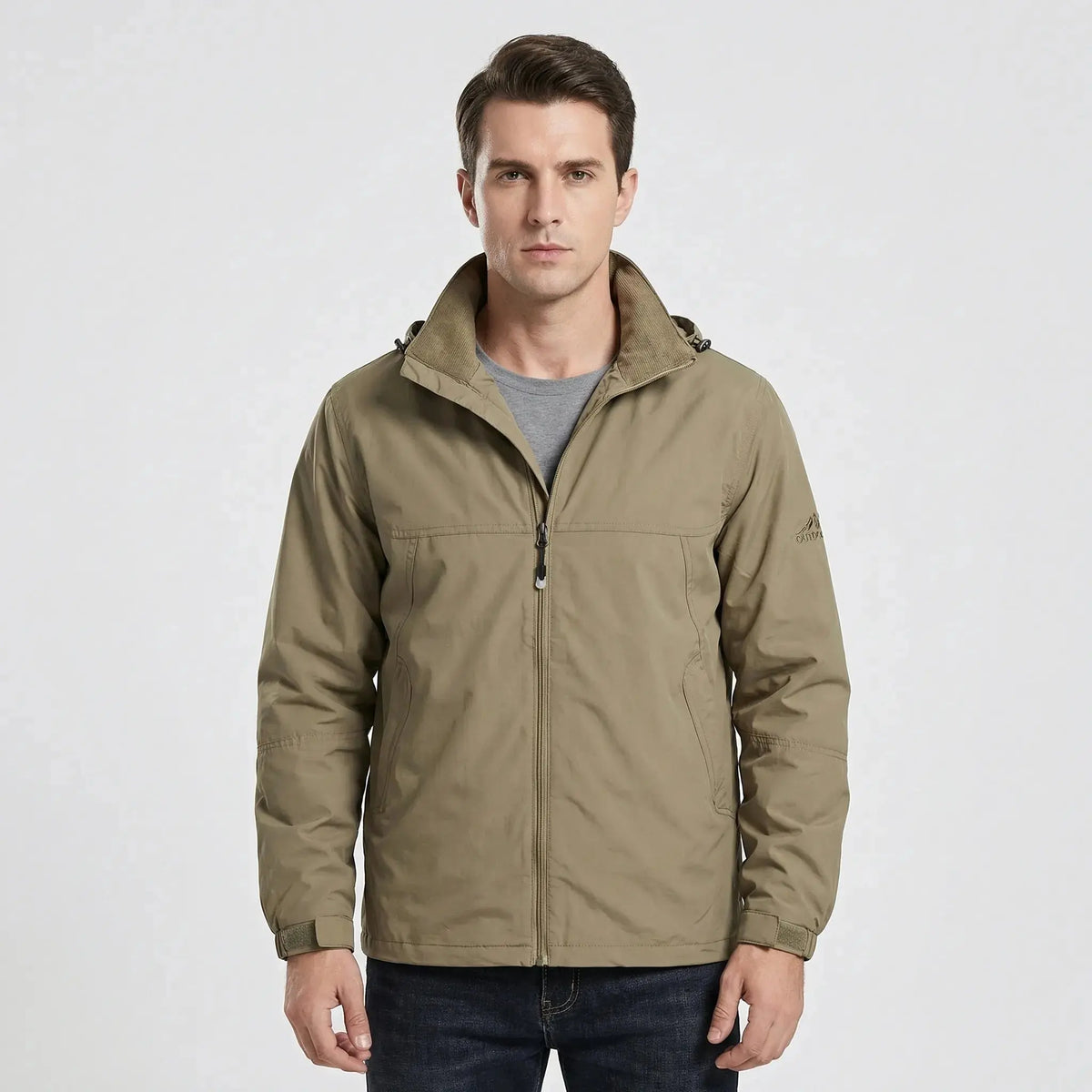 View of a sleek autumn jacket in deep green, featuring a smooth fabric, zippered , and subtle stitching details