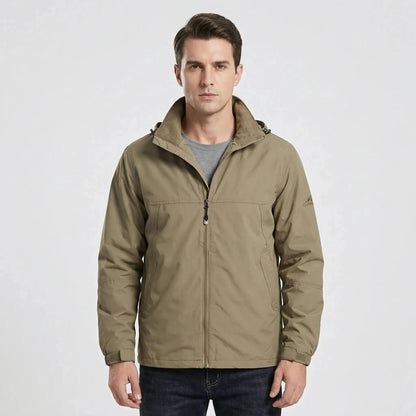 View of a sleek autumn jacket in deep green, featuring a smooth fabric, zippered , and subtle stitching details