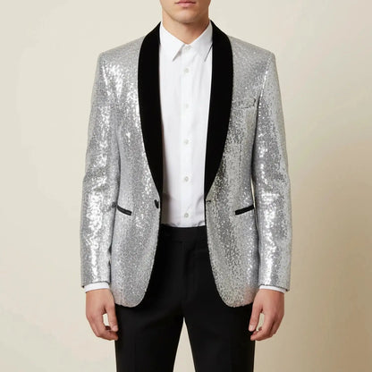 View of a slim evening blazer in deep navy blue, featuring a subtle shimmer and sleek lapels