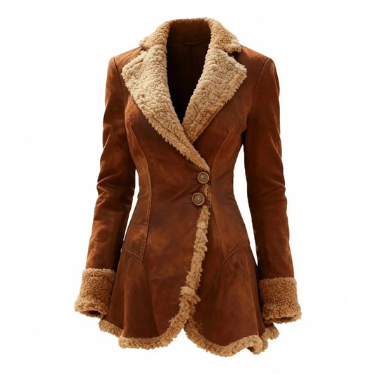 View of a fitted winter coat in deep burgundy, featuring a high collar and sleek silhouette, made from soft, luxurious fabric